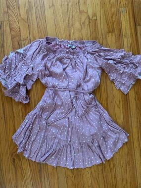 Fate Mauve Off-Shoulder Polka Dot Ruffle Mini Dress